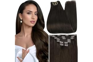 Fshine Clip in Hair Extensions Human Hair Color Darkest Brown Hair Extensions for Women Remy Silky Straight Human Hair Seamle