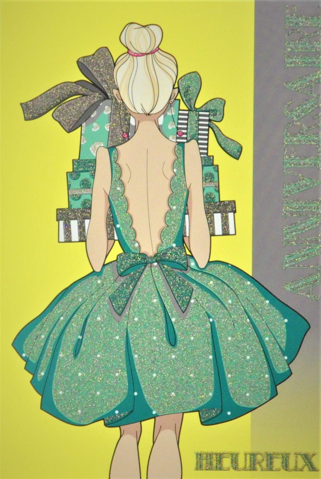 Happy Birthday Card with Glitter Girl Woman Blue Dress Green Gifts for You Backless Beautiful Chic Elegant Made in France