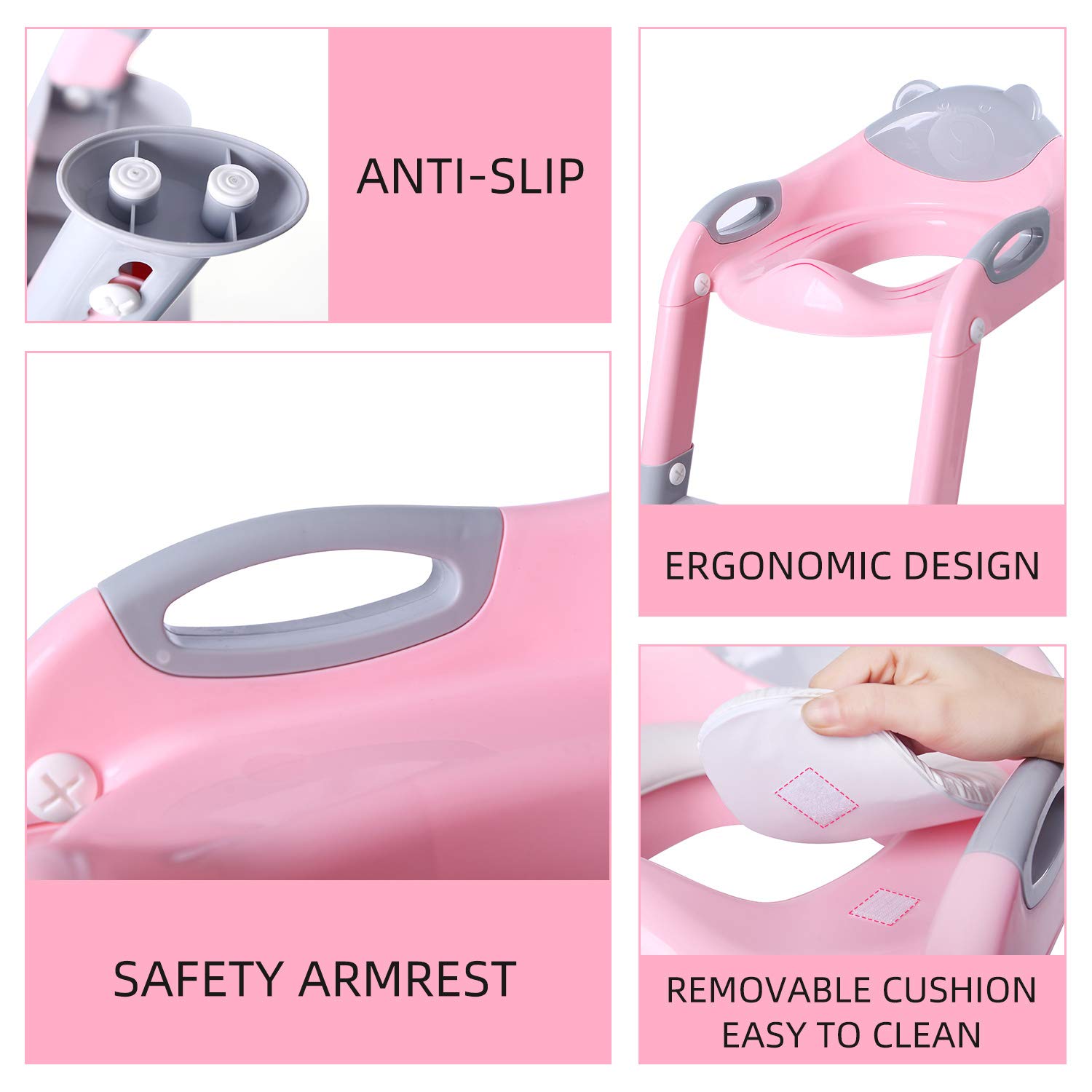 Potty Training Seat Ladder Girls, Toddlers Toilet Training Potty Seat, Kids Potty Training Toilet Seat with Ladder (Gray/Pink) : Baby