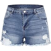 THUNDER STAR Women Mid Rise Ripped Stretchy Jeans Shorts Frayed Raw Hem Casual Denim Shorts