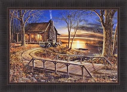 Amazon Com Simpler Times By Jim Hansel 24x33 Log Cabin Lake Old