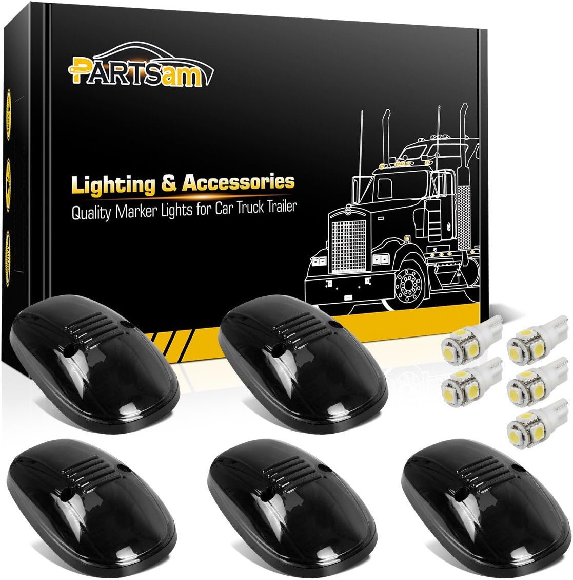 Partsam 5X Smoke Lens Cab Marker Light 264145BK Assembly+ 5X White T10 LED Bulbs Compatible with Dodge Ram 2500 3500 1999 2000 2001 2002