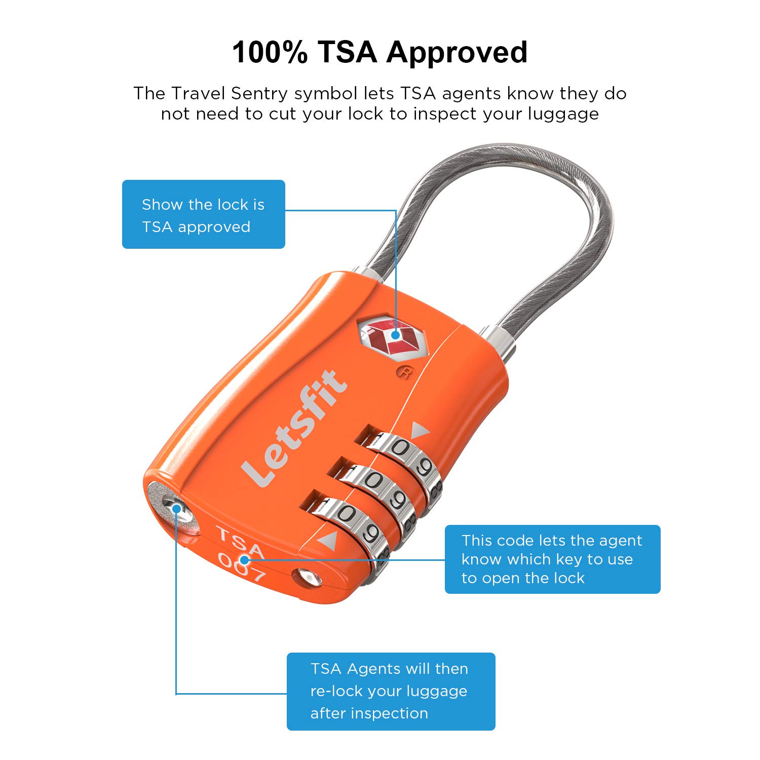 TSA Approved Luggage Locks, Letsfit Travel Combination Cable Luggage Locks, Easy Read Dials, Alloy Body - Ideal for Travel, Lockers, Bags, 4 Pack Orange