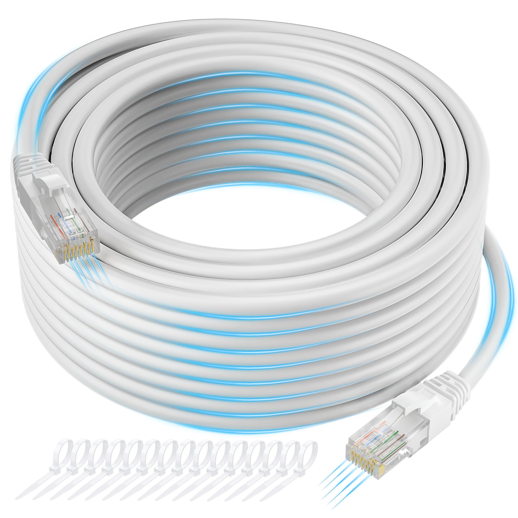 Photo 1 of Cat 6 Ethernet Cable 75 FT, Long High Speed Cat6 Internet Cable, White Snagless Patch Cord, Flexible, Network, LAN, PoE, Standard RJ45 Connector for PC, Server, Router, Modem, TV, PS5 - with 15 Ties