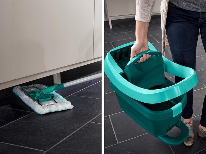 Leifheit Conjunto de caçamba com rodas e esfregão Profi XL extra-plano, balde de torção com prensa, esfregão com poste de aço e tampa de substituição