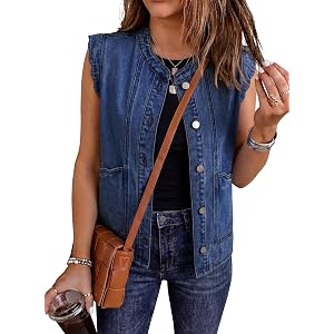 EVALESS Womens Denim Vest Sleeveless Button Down Jean Vest Tops Waistcoats Summer Western Outfits