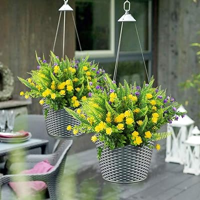 Buy Greenrain 6 Bundles Artificial Flowers Outdoor Fake Plants Uv Resistant Faux Plastic Flowers Garden Window Box Porch Home Decor Yellow Purple Online In Indonesia B08ky4c386