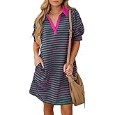 BLENCOT Women's Casual Polo V Neck T Shirt Striped Dress Summer Puff Short Sleeve MIdi Dresses