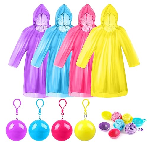 Viaky 4 Pack Disposable Rain Ponchos, Colorful Portable Waterproof Raincoats Ball with Keychain Hook for Women & Men, Adult emergency Raincoats for Hiking Camping, Travel, Outdoor Activities