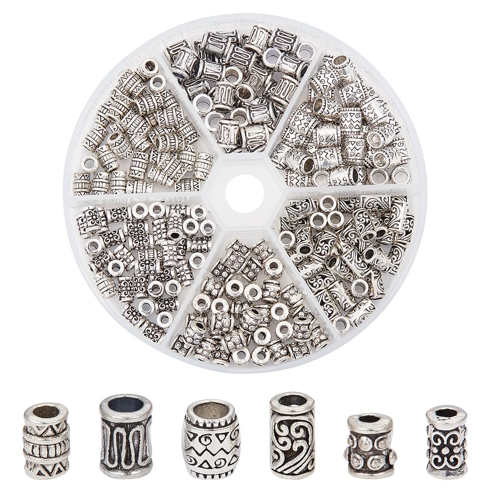 GOMAKERER 210 Pcs 6 Styles Alloy Column Beads, Antique Silver European Beads Tibetan Style Tone Beads Vintage Spacer Bead for DIY Jewelry Making Crafting