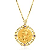 Fettero Gold Necklace for Women Birth Flower Necklace with Birthstone 14K Gold Plated Dainty Rotating Coin Pendant Necklace Personalized Birth Month Jewelry for Birthday Mother's Day Gift 12 Month