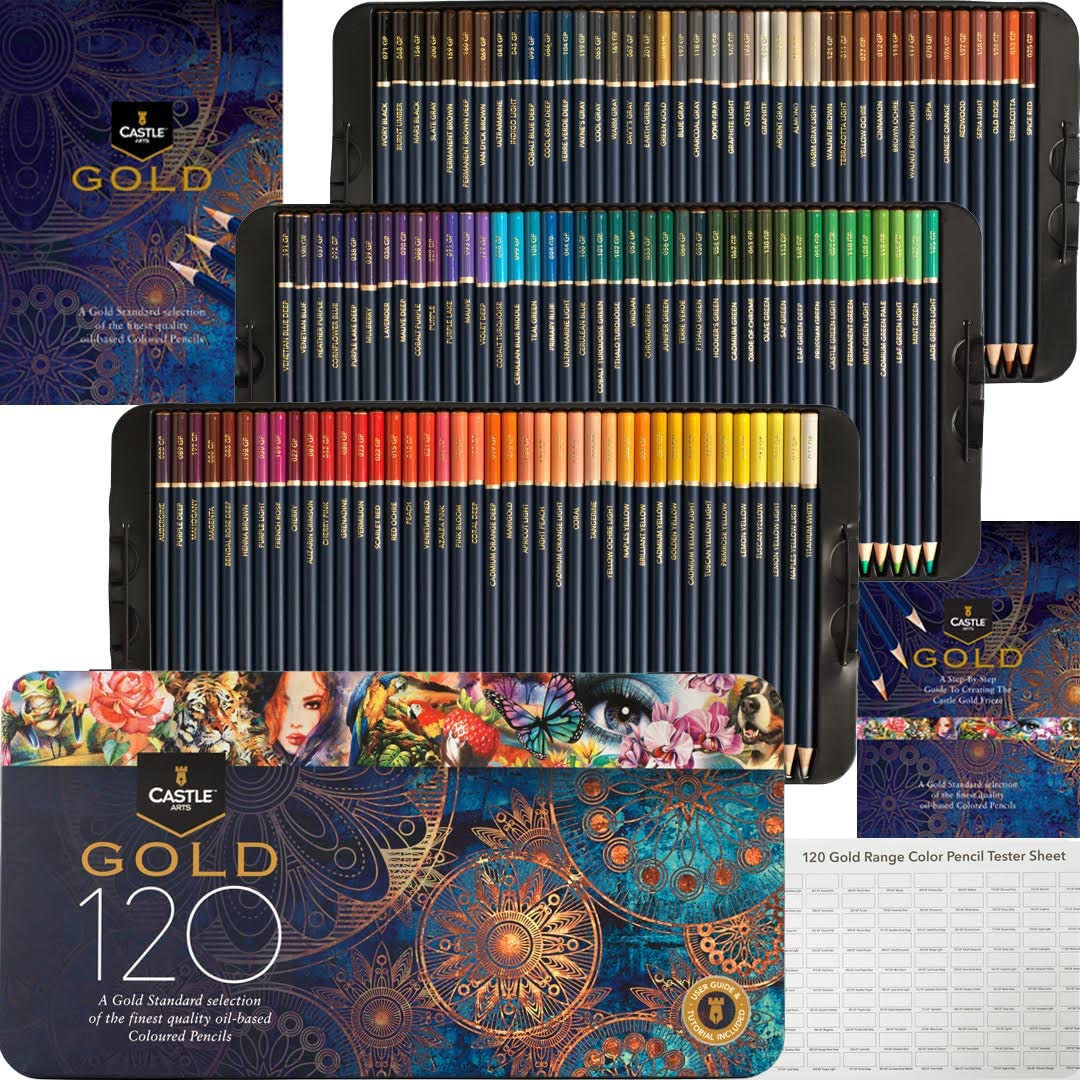 Castle Art Supplies Gold Standard 120 Colouring Pencils Set | Quality Oil-Based Coloured Cores Stay Sharper, Tougher Against Breakage | for Adult Artists, Colourists | in Presentation Tin Box
