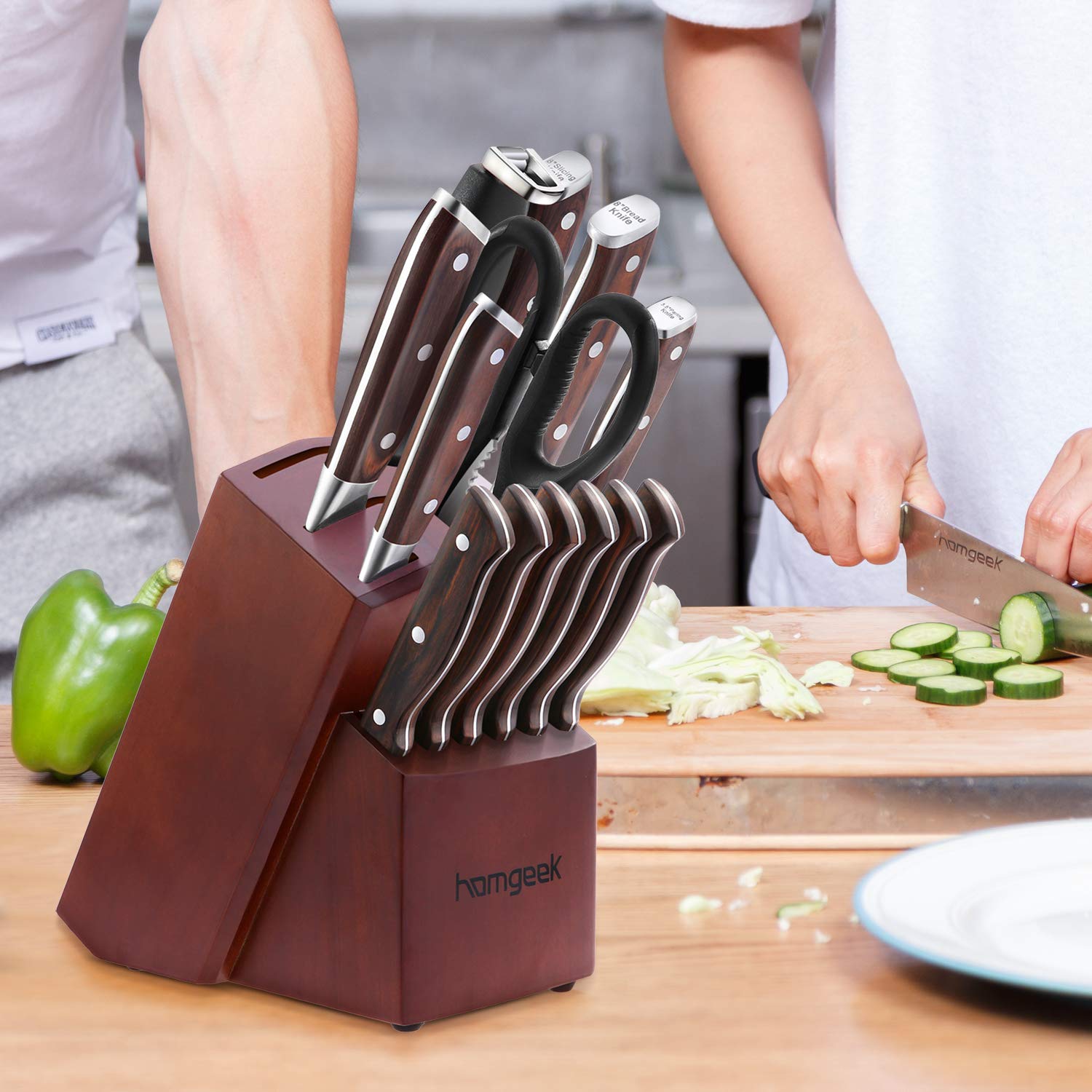 Chef Knife Set,15 Piece Knife set With Wooden Block,Wood Handle and