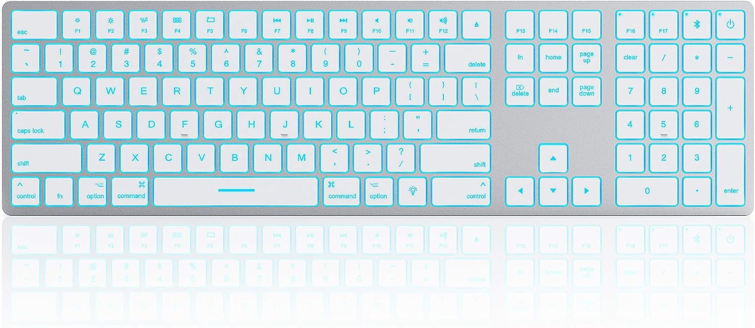 Wireless Bluetooth Keyboard Compatible Mac - Bluetooth Keyboard with 7 Color Backlit Rechargeable Full Size Keyboards Compatible with Apple Mac, iMac, MacBook Pro/Air, Mac Mini-Silver