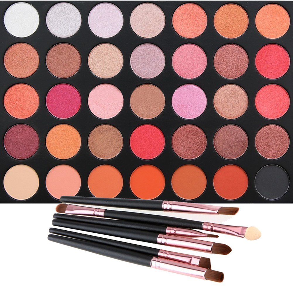 35 Color Eyeshadow Palette with 6 PCS Eye Brushes, Vodisa Makeup Matte and Shimmer Eye Shadows Smoky Warm Color Glitter Kit Make Up Brush Set Waterproof Beauty Cosmetics High Pigment Powder Pallet 35F