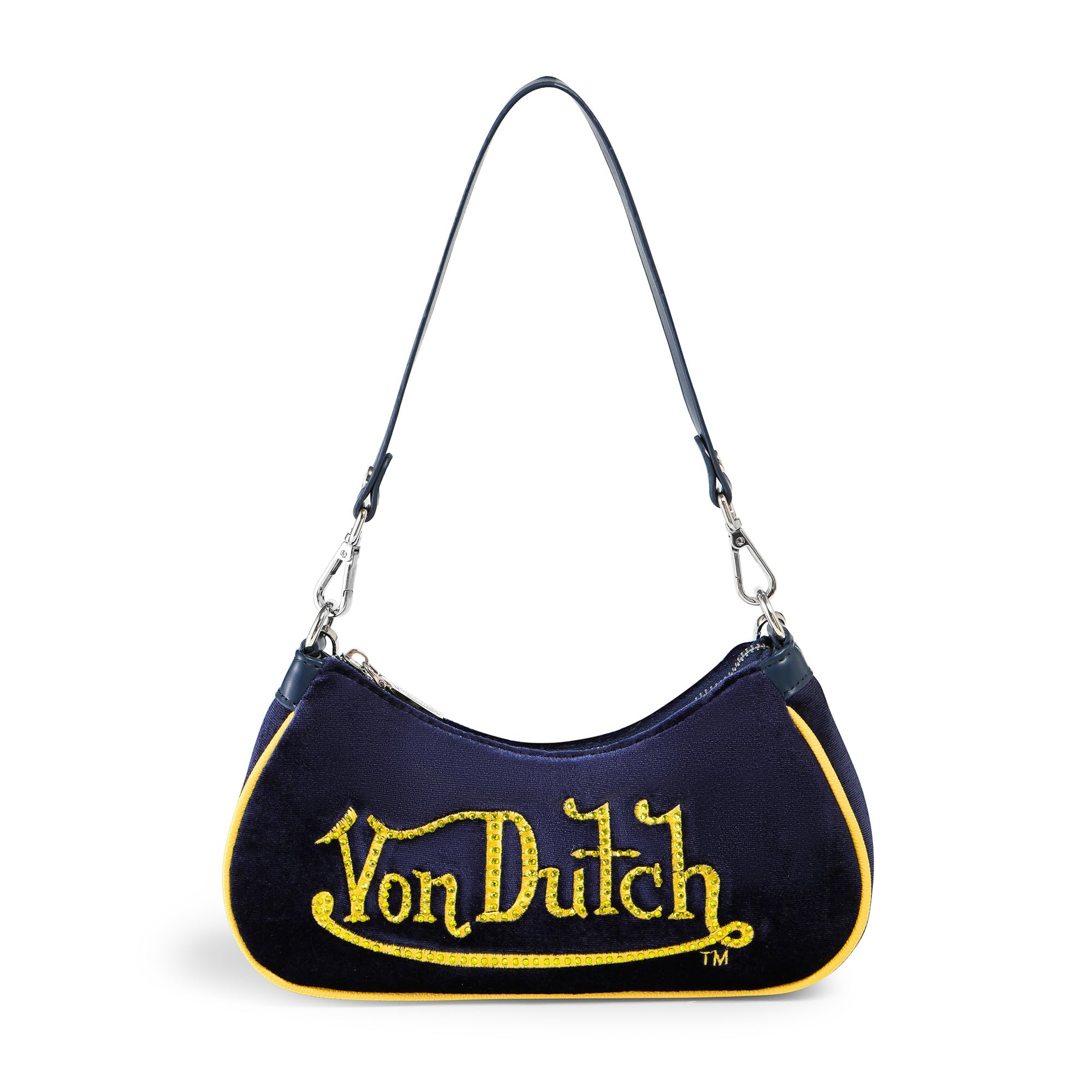 Von Dutch Womens Rhinestone Shoulder Bag – Stylish Handbag with Adjustable Strap, Spacious Interior, and Iconic Logo Design (Blue and Yellow Rhinestone)