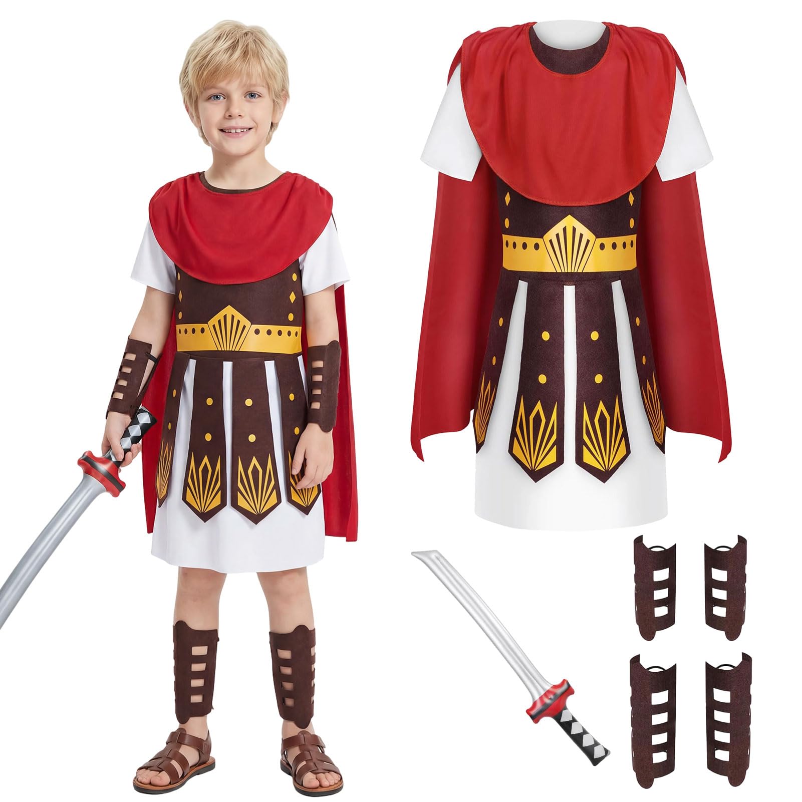Meriviva Roman Soldier Costume Kids, Greek Costume Boys Set with Inflatable Sword Arm Leg Guards, Roman Gladiator Costume Kids for World Book Day Masquerade Halloween Party Cosplay (M)