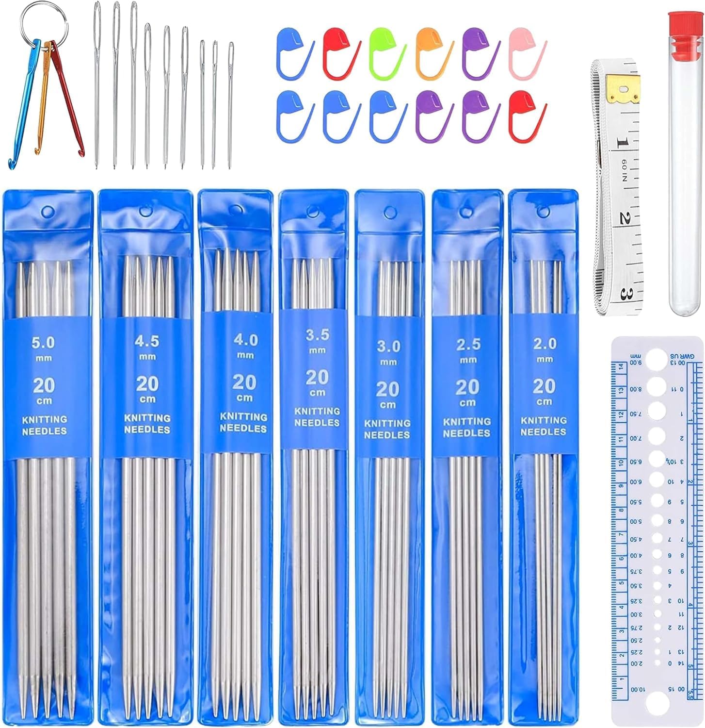 Double Pointed Knitting Needles Set, 35 Pcs Short 20cm Metal Double Ended Knitting Needles for Beginner, Sock Knitting Pins Set Straight Needles Starter Kit - 2.0/2.5/3.0/3.5/4.0/4.5/5.0mm