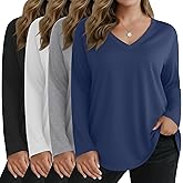 Sweetyweee 4 Pack Women's Plus Size T Shirts Long Sleeve V Neck Tops Basic Loose Fit Curved Hem Tunic Clothes