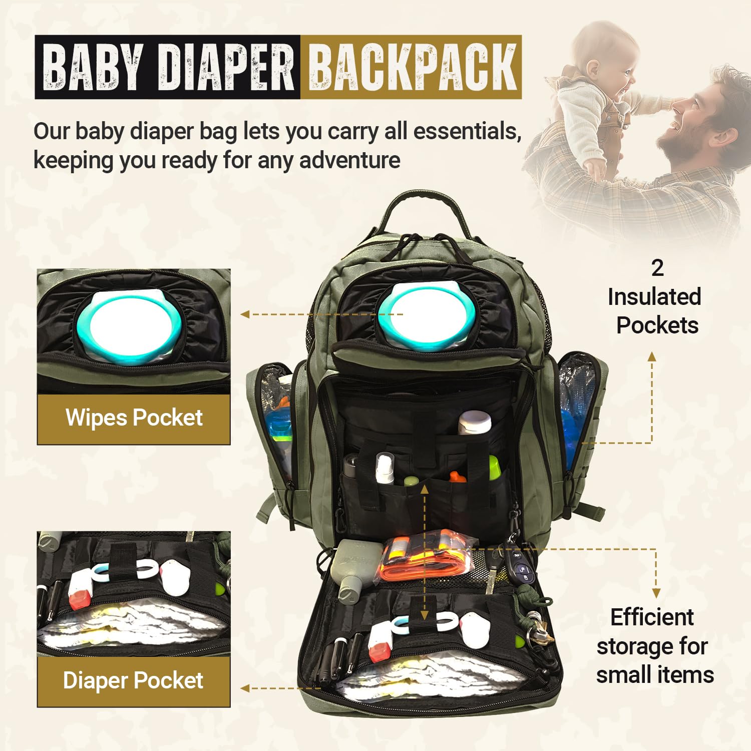 HighSpeedDaddy - Baby Diaper Backpack, Military-Grade, Waterproof, Compact Baby Travel Bag w/Stroller Straps & Tablet Sleeve
