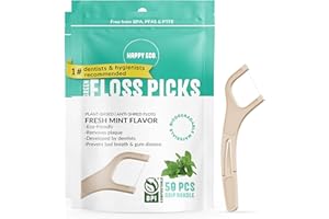 HAPPY ECO Biodegradable Floss Picks (100pcs) - Natural Dental Floss - Nontoxic Plant Based Floss Sticks for Adults & Kids - Vegan Tooth Pick Flossers - Single Thread Mint