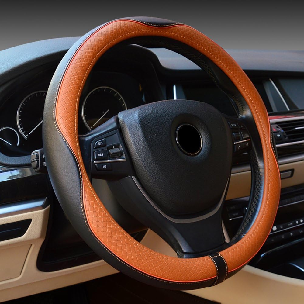 EcoGehen Universal Car Steering Wheel Cover Genuine Leather 38CM/15'' Heavy Duty Elegant Anti-Slip Non-Toxic -Black & Shallow Brown Line