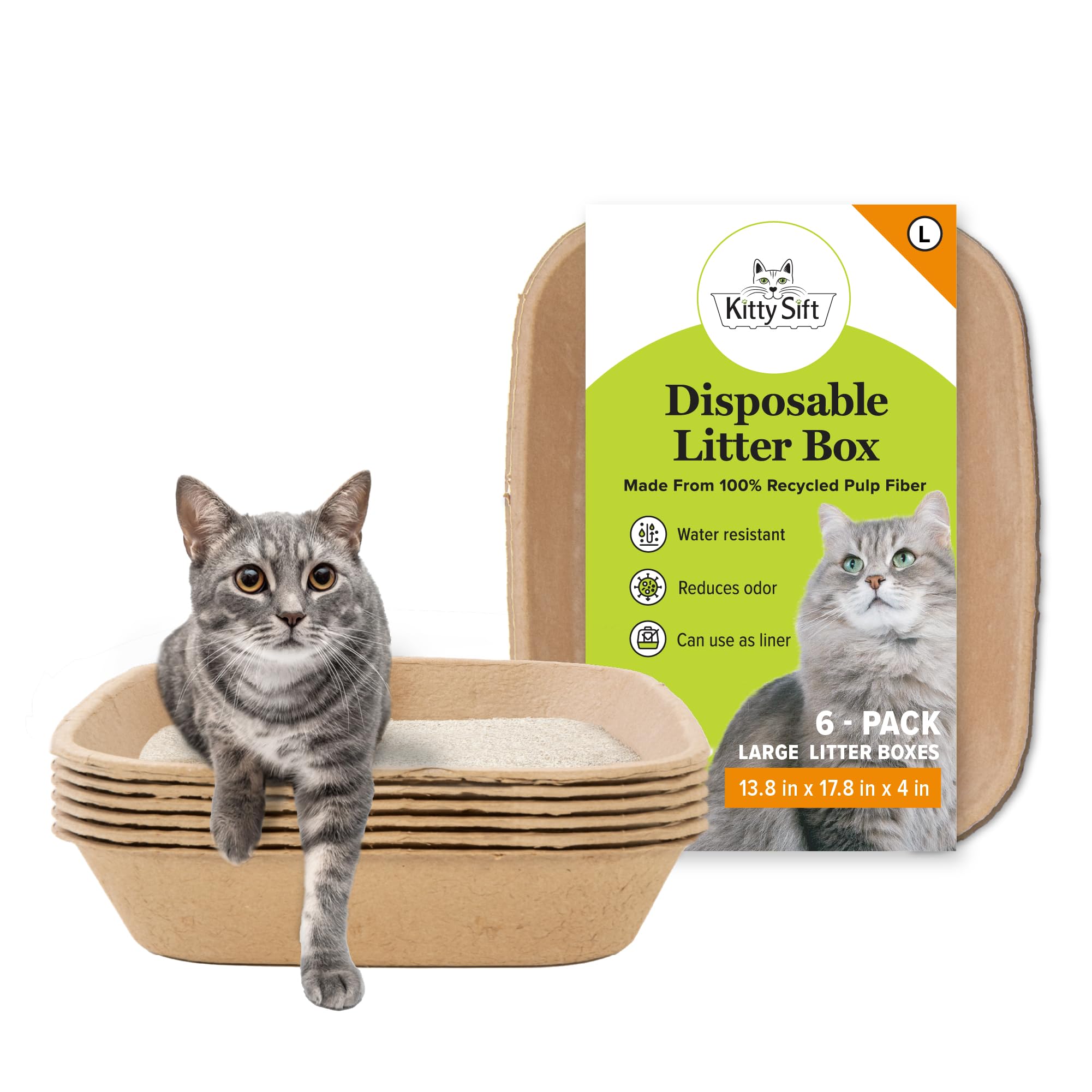 Photo 1 of Kitty Sift Disposable Cat Litter Box Large, 6 Count, Durable Portable for Travel and Home, Eco-Friendly Disposable Litter Box Controls Odor- 2 BROKEN