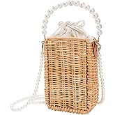 Eorbow Pearl Basket Purse, Handwoven Rattan Beach Bag For Women, Rectangular Wicker Handbag, Vintage Summer Straw Tote Bag