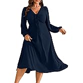 RWJ Fall Wedding Guest Dresses for Women Plus Size V Neck Long Sleeve Tie Front Cocktail Maxi Dress with Pockets
