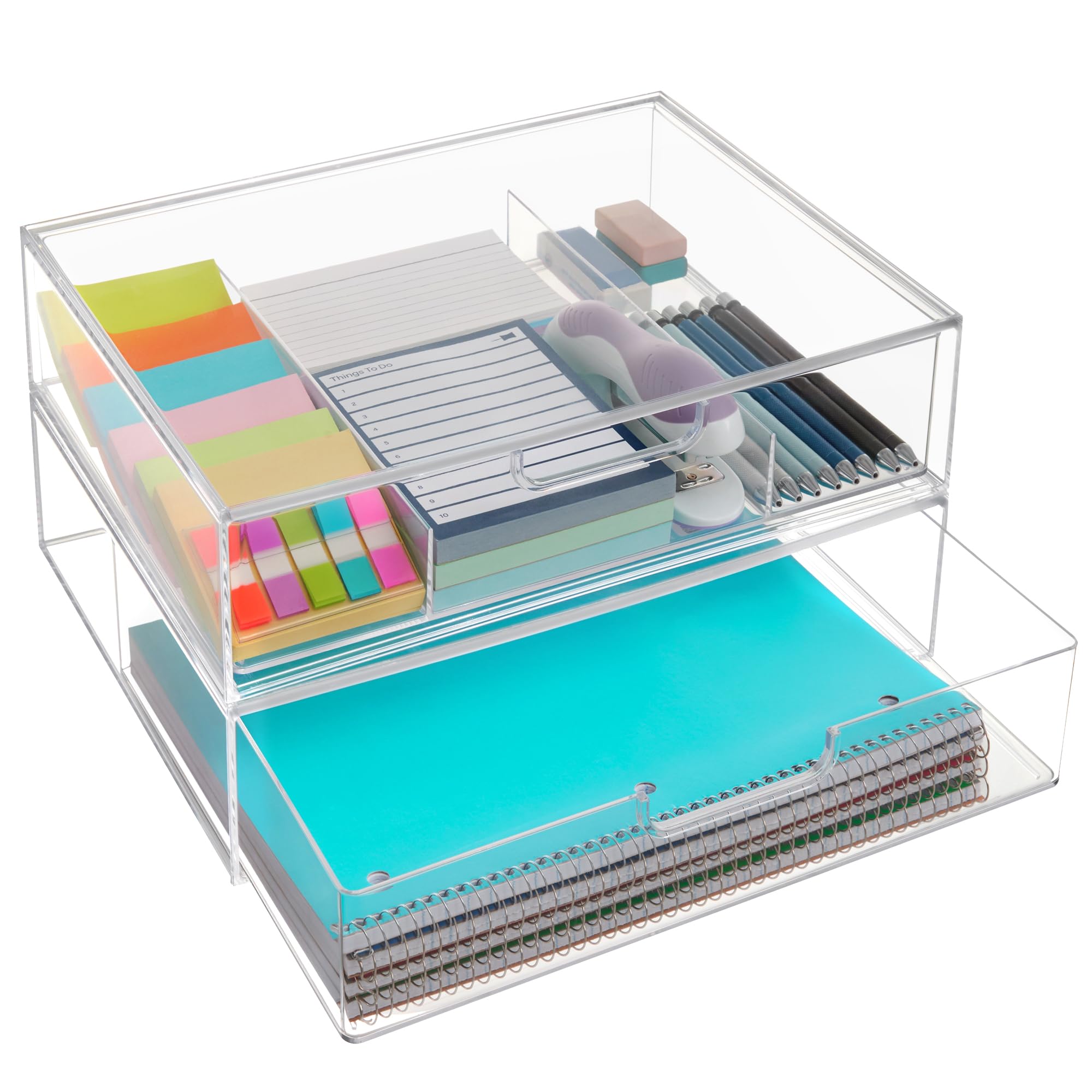 Photo 1 of STORi STAX Plastic Stackable Organizer Drawers (Set of 2) Clear | 12.5" Wide | Set Includes One Open Drawer & One Divided Drawer | Organize Office Desk Accessories & Sort Paper | Made in USA