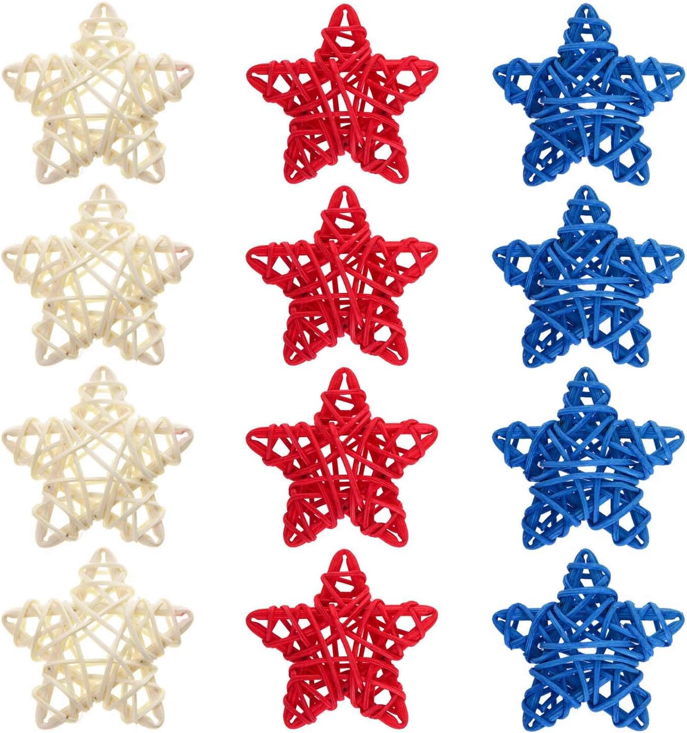 12pcs Patriotic Star Natural Wicker Balls 4th of July Rattan Balls DIY Craft Vase Filler Hanging Balls Ornaments for Memorial Day Veterans Day Independence Day Party (2.36 in, White Red Blue)
