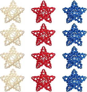12pcs Patriotic Star Natural Wicker Balls 4th of July Rattan Balls DIY Craft Vase Filler Hanging Balls Ornaments for Memorial Day Veterans Day Independence Day Party (2.36 in, White Red Blue)