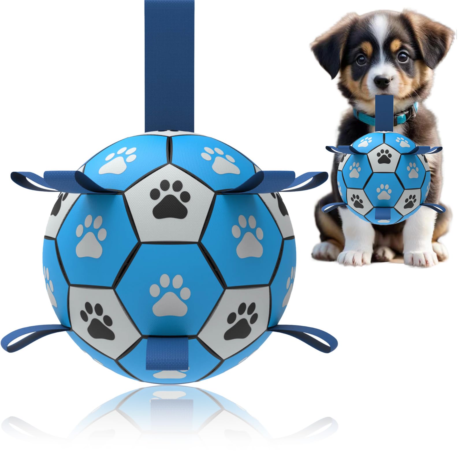 Photo 1 of Domchan Dog Soccer Ball, Interactive Toys for Tug of War, Puppy Birthday Gifts, Tug Toy, Water Toy, Durable Balls for Small & Medium Size(6 inch-Blue)