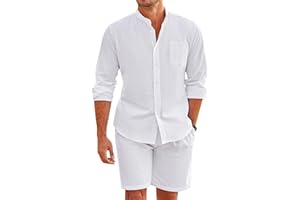 COOFANDY Linen Sets For Men 2 Piece Button Down Shirt Long Sleeve and Casual Beach Drawstring Waist Shorts Summer Outfits