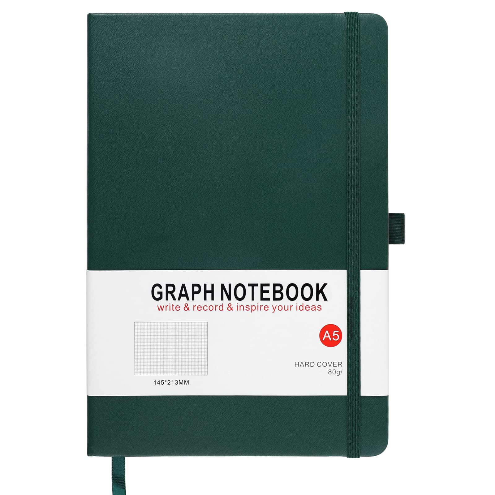 A5 Graph Paper Notebook, Squared Notebook 200 Pages A5 Hardback Notebook with Pen Loop, and Inner Pocket, for Office School Home Business Writing & Note Taking (Green) — image 1