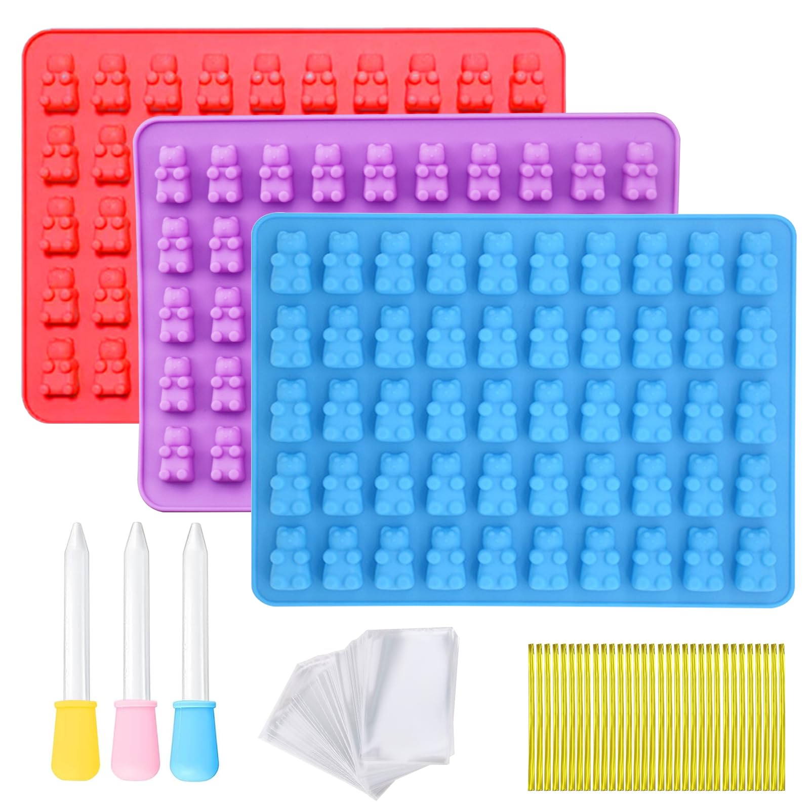 INNAL 3Pcs Silicone Molds - Gummy Moulds Without BPA, Reusable with 3 Droppers & 50 Clear Bags & 50 Golden Cable Ties for DIY Gummy Chocolate Jelly