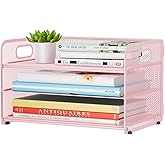 GDINDINFAN 3 Tier Paper Letter Tray Organizer for Desk, Mesh File Folder Document Organizer with Handle for Home Office Supplies Desktop Accessories, Pink