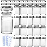KAMOTA Mason Jars, 8 oz Glass Jars With Regular Lids and Bands, Ideal for Jam, Honey, Wedding Favors, Shower Favors, DIY Magnetic Spice Jars, 20 PACK, Extra 20 Lids & 30 Whiteboard Labels