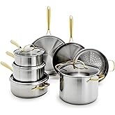 GreenPan Stainless Steel Cookware Set, 11 Piece, Induction Cookware, Dishwasher Safe, Oven Safe to 600F, Large 8QT Stock Pot, Sauce, Saute, Frying Pans, Pots & Pans Kitchen Essentials, Gold