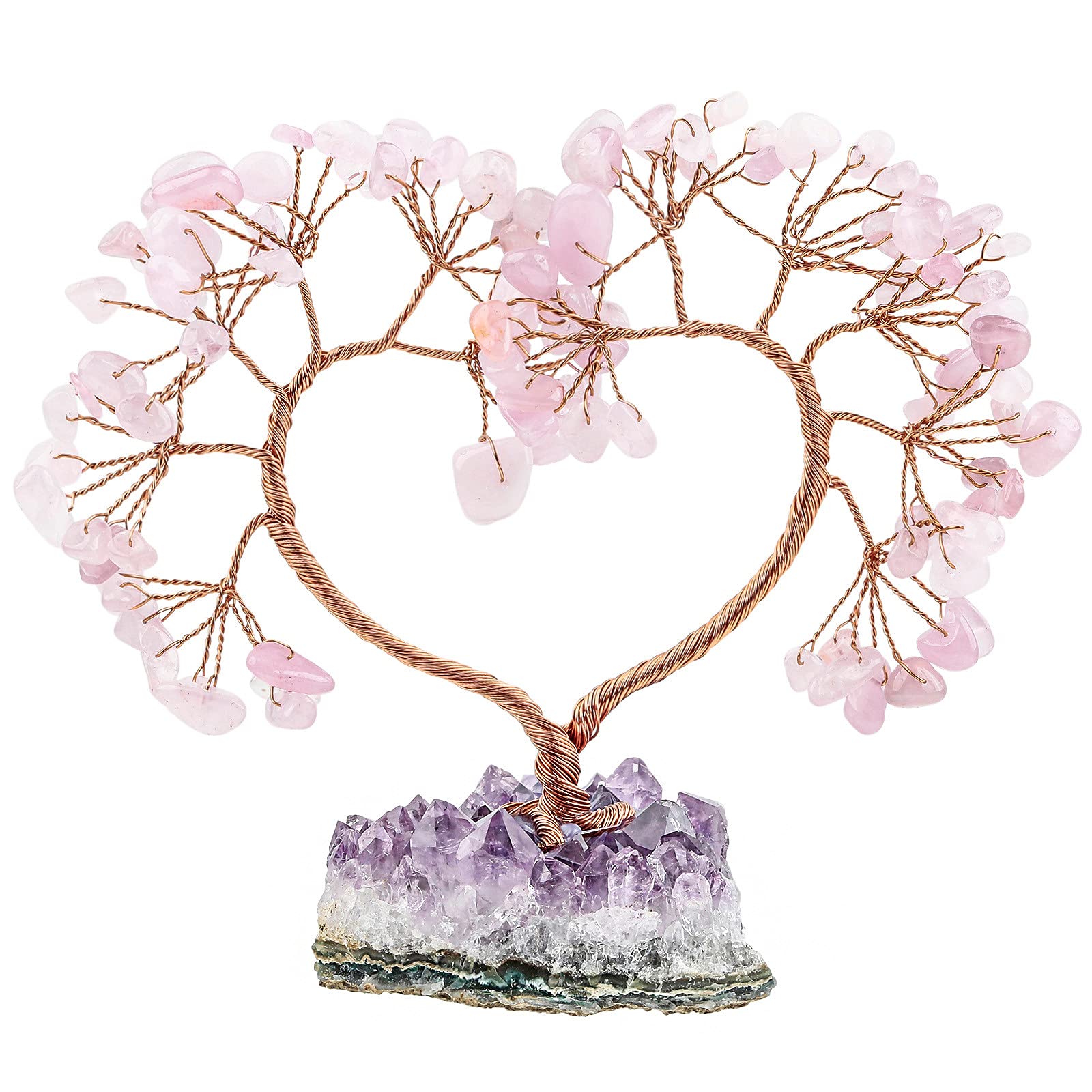 Nupuyai Rose Quartz Crystal Tree with Amethyst Cluster Base, Love Heart Money Tree Figurines Fengshui Ornament for Home Office Wedding Decoration