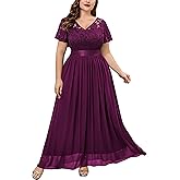 Knitee Women's Plus Size Lace Chiffon V Neck Wedding Party Elegant Butterfly Sleeves Flowy Maxi Dresses
