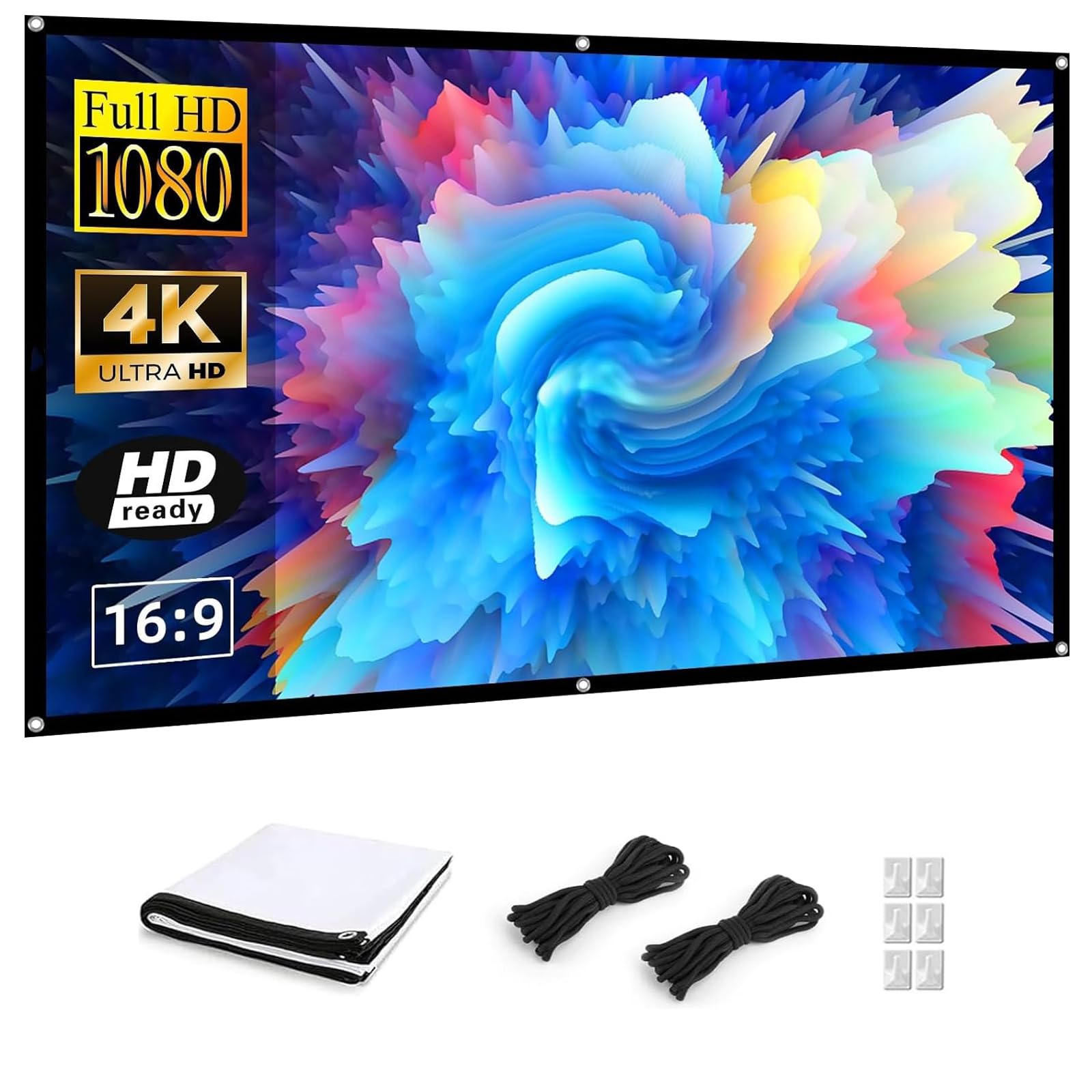 Photo 1 of [Two-Way Bluetooth 5.2] Mini Portable Projector 1080P HD Multi-Angle Projection, Tecaki 100-Inch Projector Screen with Rope (White-6)