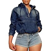 Denim Hoodie Women Half Zip Jean Jackets Denim Pullover Tops Fashion Long Sleeve Jean Hooded Sweatshirt with Pocket