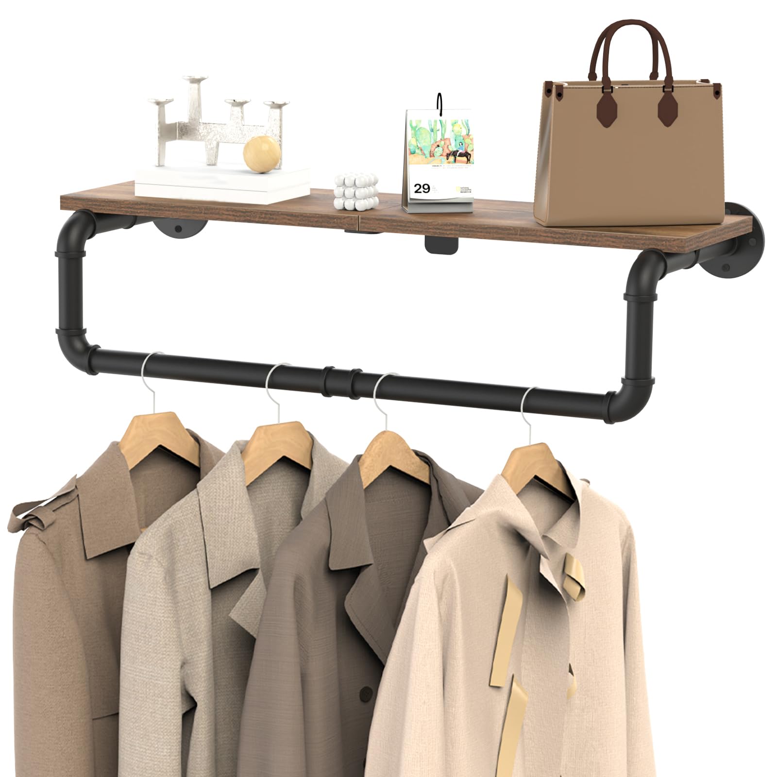 Photo 1 of YheenLf Industrial Pipe Clothing Rack with Top Shelf, Closet Poles for Hanging Clothes, Heavy Duty Iron Garment Racks Wall Mounted, 41.3x10.2x5.9 Inch, Black