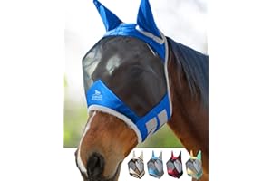 Harrison Howard Pro Luminous Horse Fly Mask Large Eye Space Standard with Ears UV Protection for Horse Signature Blue Large Full Size