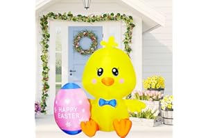 FARONZE Easter Inflatable Chick Holds Egg Happy Easter Blow up Outdoor Decoration with LED Lights, Yard Garden Lawn Outdoor Decoration Front Door Holiday Decor(5 FT Easter Chick Holds Egg)
