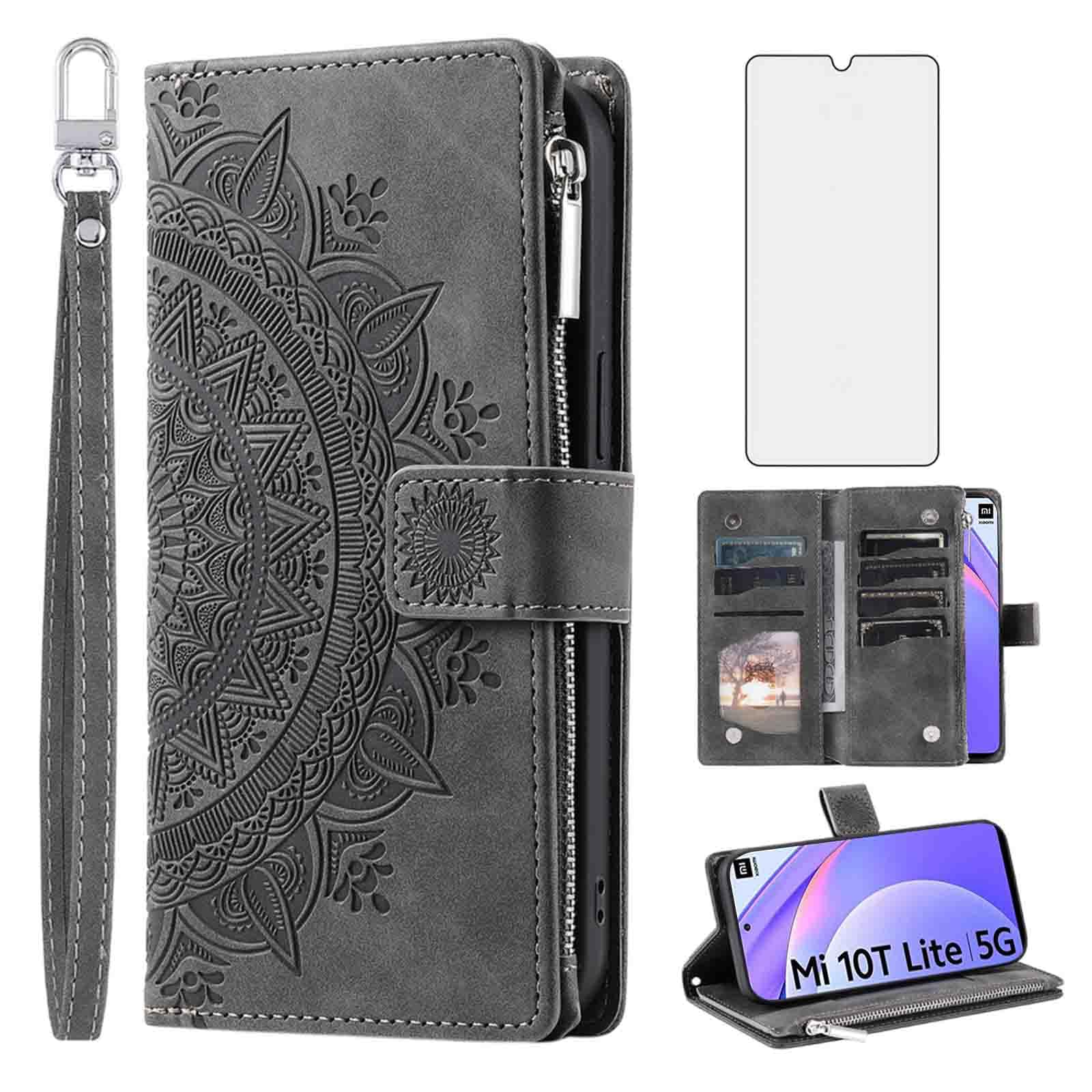 Asuwish Phone Case for Xiaomi Mi 10T Lite 5G Wallet Cover With Tempered Glass Screen Protector and Wrist Strap Mandala Flower Leather Flip Zipper Card Holder Cell Mi10TLite Mi10T 10TLite 10i G5 Grey