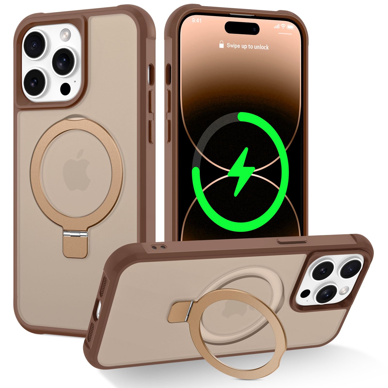 Photo 1 of CHAOFEnG Magnetic Compatible with iPhone 14 Pro Case with Stand [Military Grade Drop Tested][Compatible with Magnet] Ring Translucent Slim Hard Back Soft Edge, Desert Gold