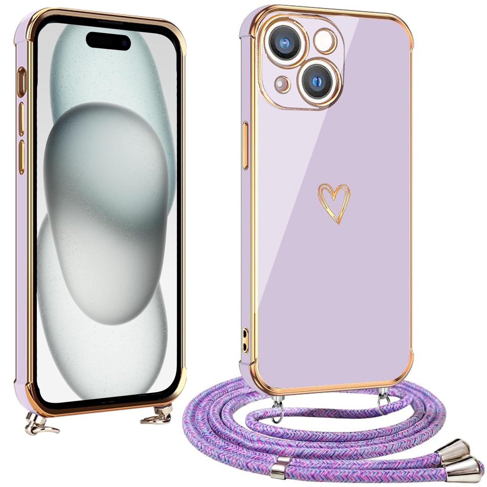vumebao Mobile Phone Chain for iPhone 15, Case with Strap, Mobile Phone Case Heart Love Design Silicone Bumper Cord, TPU Thin Shockproof Case, Protective Case, Compatible with iPhone 15 for Women and