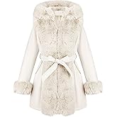 RISISSIDA Luxurious Women Winter Fur Lined Coat, Leather Jacket with Hooded Long Fur Collar, Thick Warm Heavy Overcoat Belted